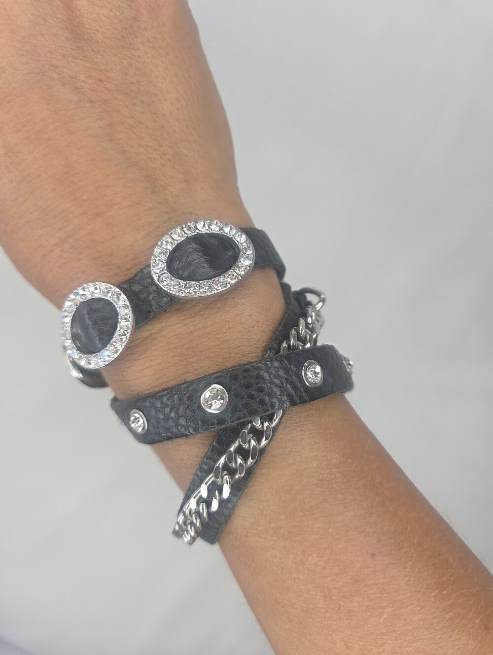 Black Leather Wrap Bracelet with Crystal & Chain Accents